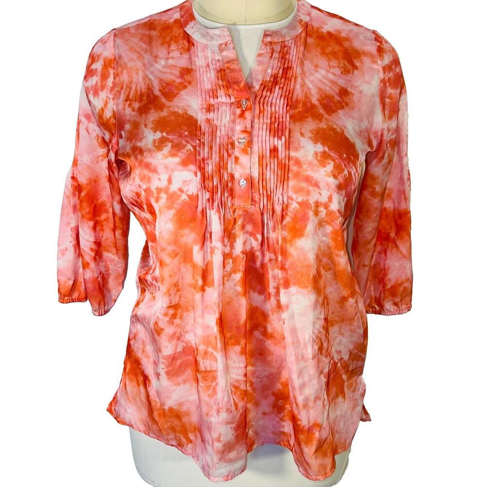 Chico's Blouse Womens XL Pink Orange Tie Dye Peasant Tunic V-Neck 3/4 Sleeve